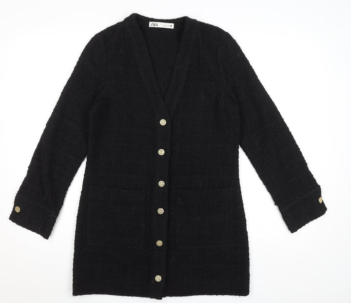 Zara Women Black Tweed Button Shift Dress Size S Long Sleeve