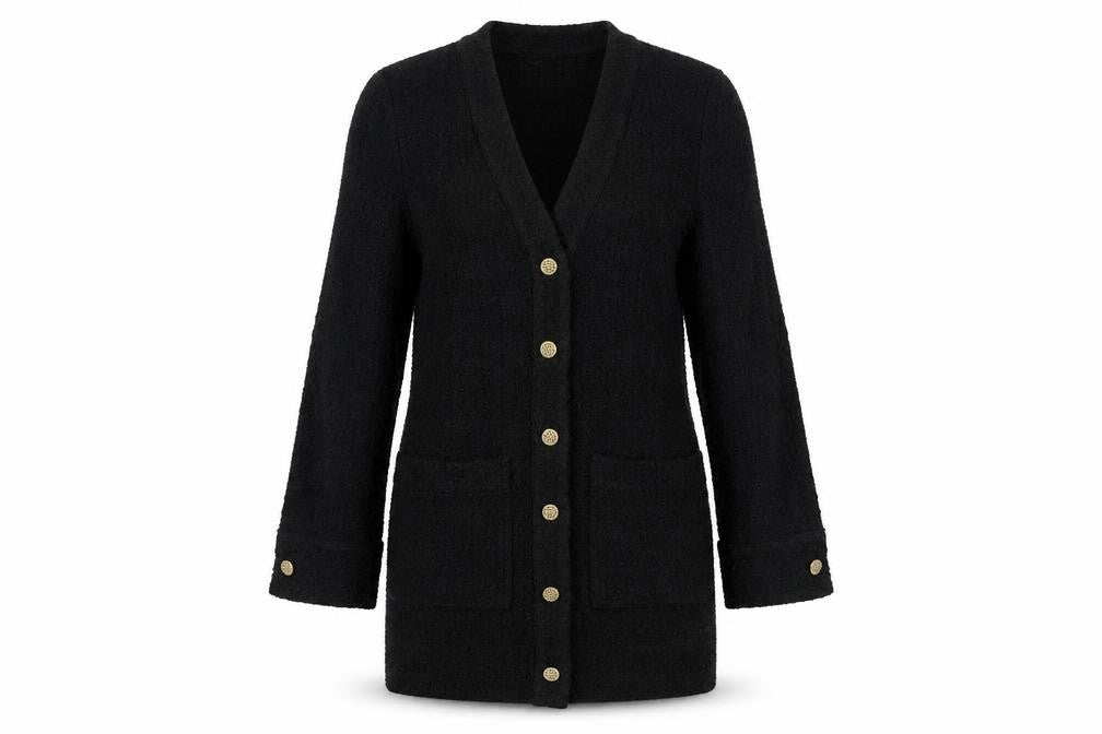 Front view of Zara Women Black Tweed Button Shift Dress, size S, Long Sleeve