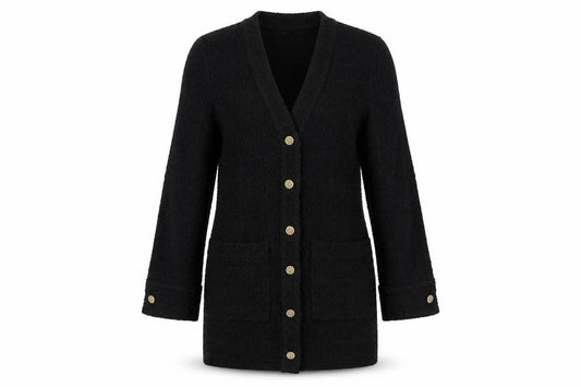 Front view of Zara Women Black Tweed Button Shift Dress, size S, Long Sleeve