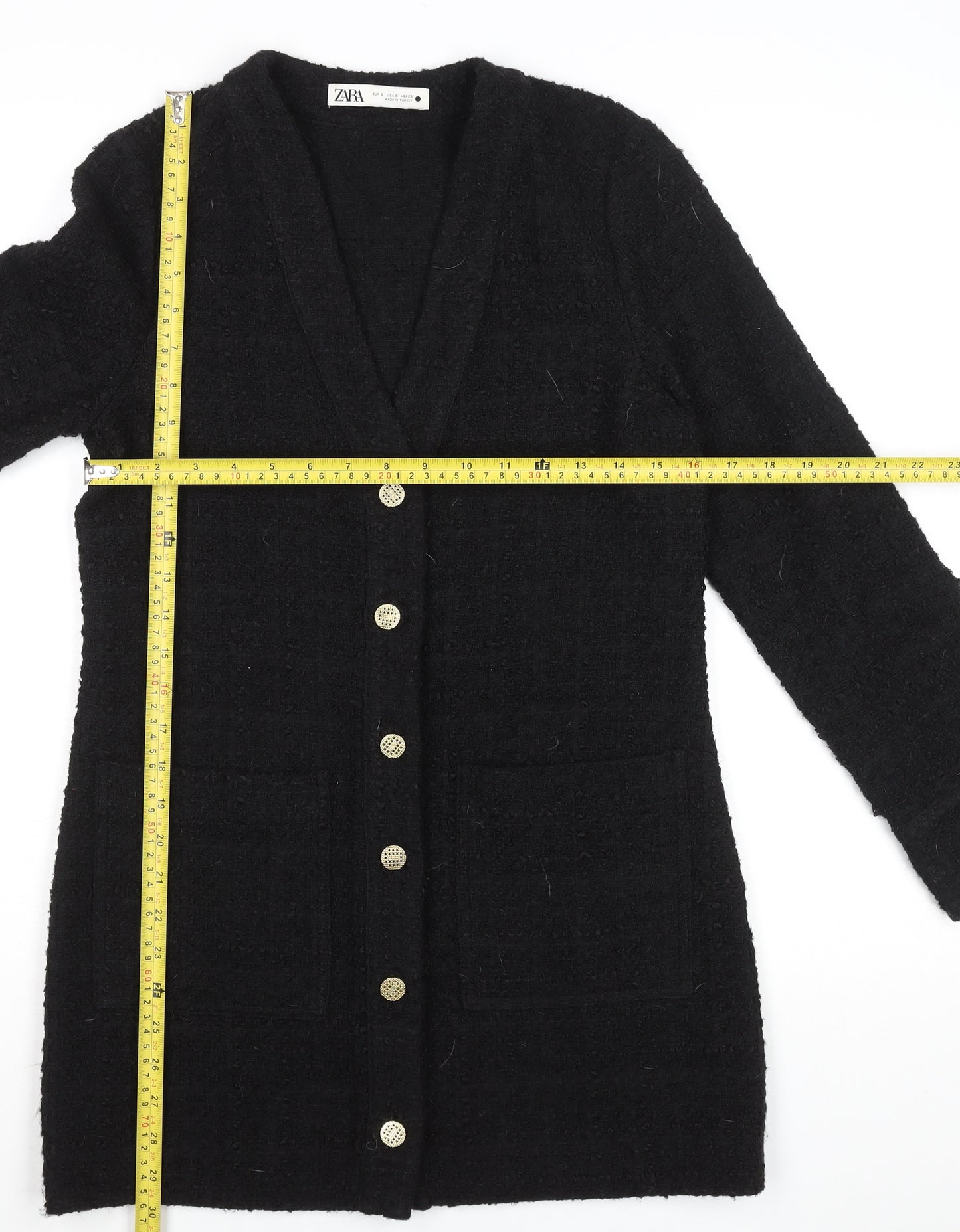 Zara Women Black Tweed Button Shift Dress Size S Long Sleeve