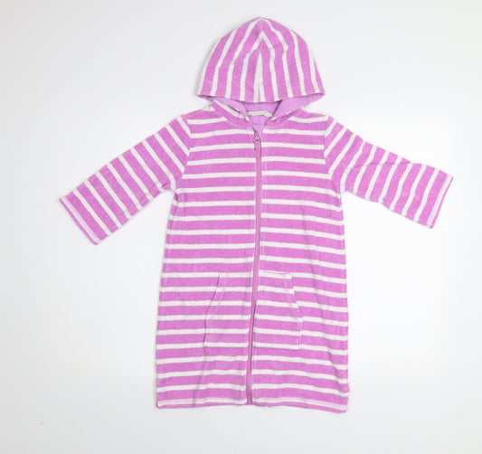 Front view of John Lewis girls’ pink striped hooded zip swim bathrobe age 8 cotton blend