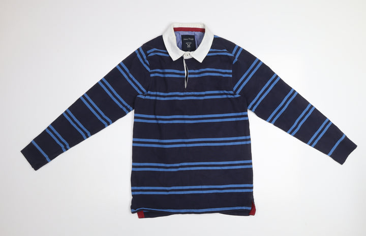 James Pringle Men's Blue Striped Collared Rugby Sweatshirt Size S