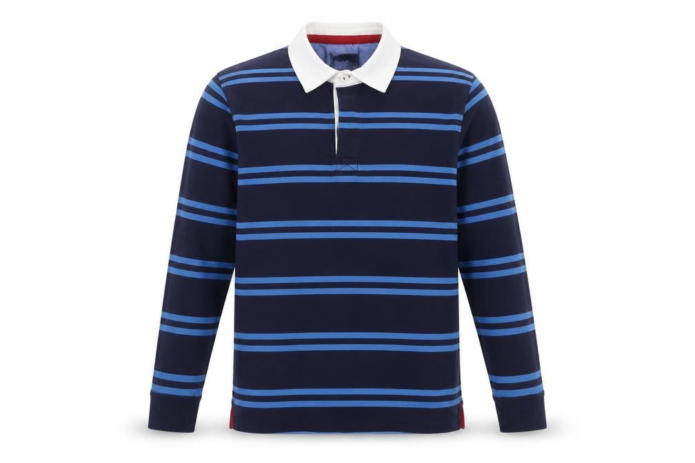 Front view of James Pringle Men's Blue Striped Collared Rugby Sweatshirt, size S