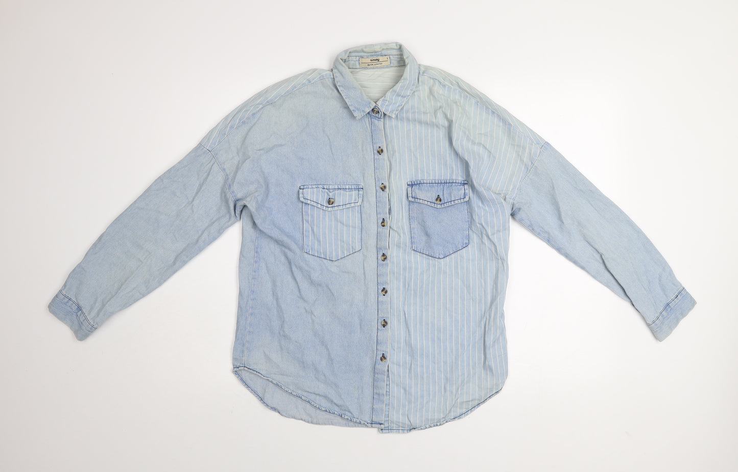 Sinsay Men Blue Denim Striped Button-Up Shirt Size S