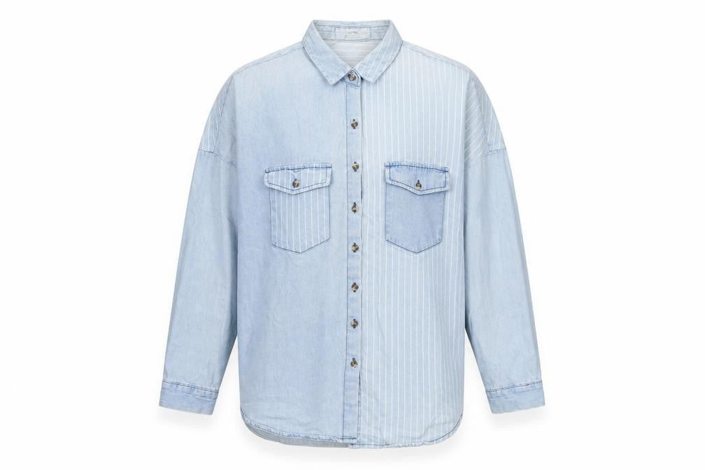 Front view of Sinsay Men Blue Denim Striped Button-Up Shirt, size S