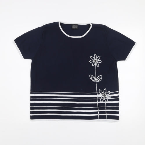 Avant Garde Women's Blue Striped Embroidered T-Shirt Size L
