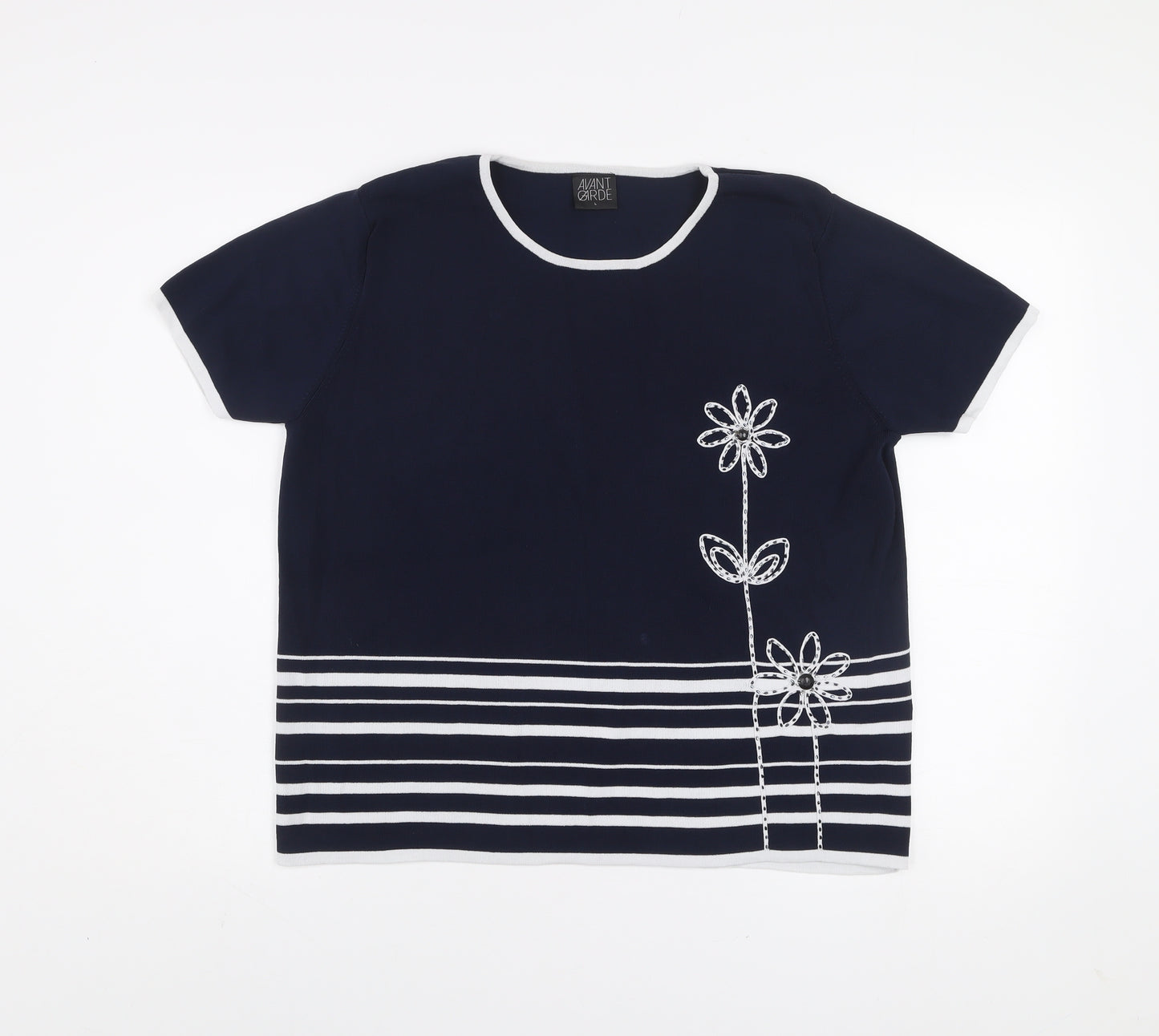 Avant Garde Women's Blue Striped Embroidered T-Shirt Size L