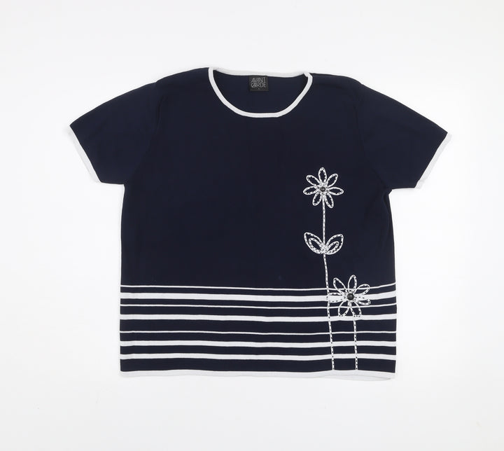Avant Garde Women's Blue Striped Embroidered T-Shirt Size L