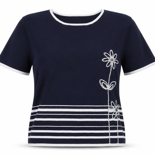 Avant Garde Women's Blue Striped Embroidered T-Shirt Size L