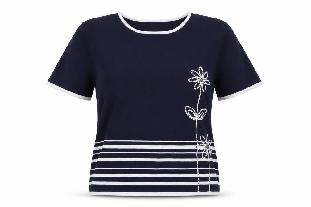 Avant Garde Women's Blue Striped Embroidered T-Shirt Size L