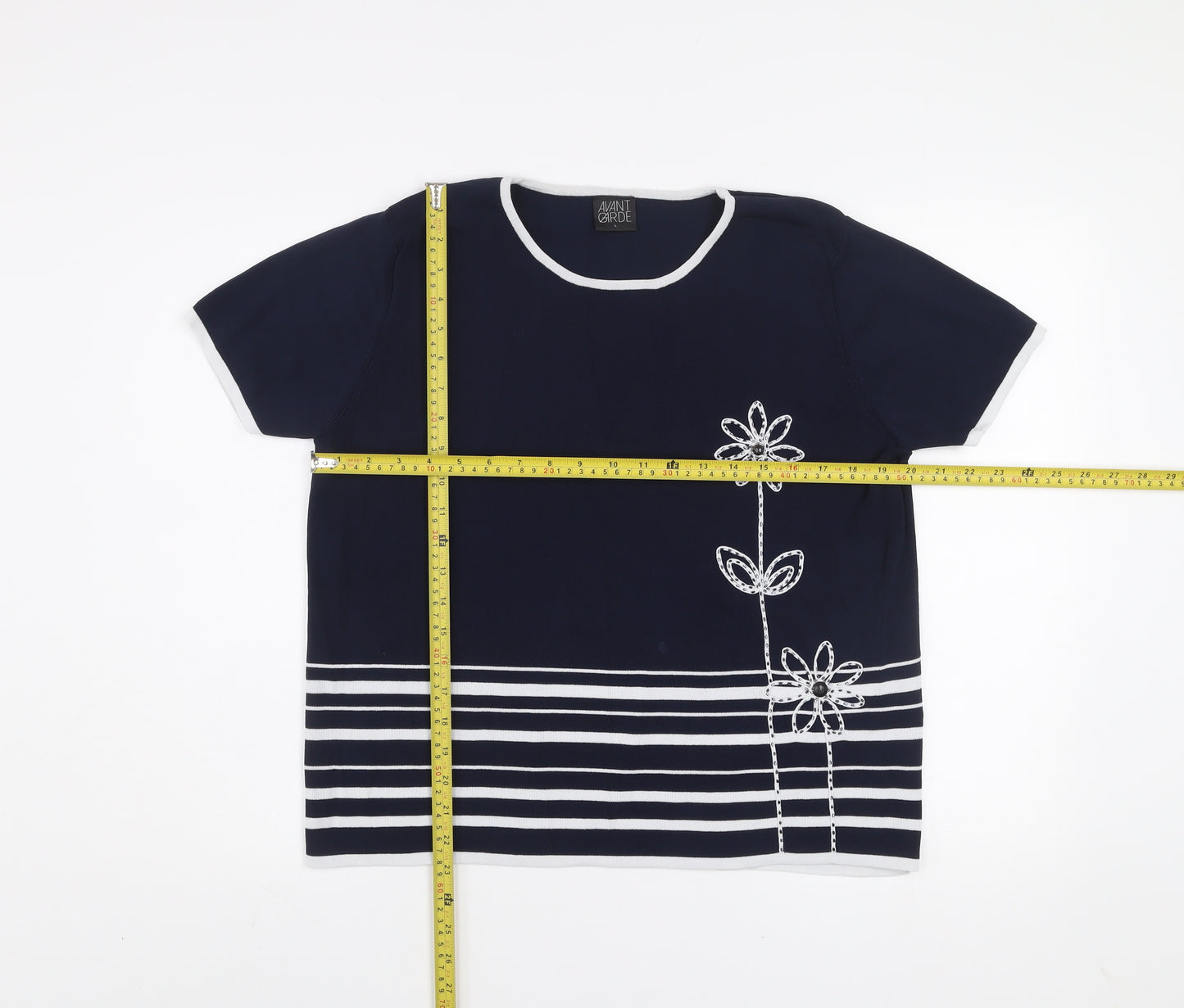 Avant Garde Women's Blue Striped Embroidered T-Shirt Size L