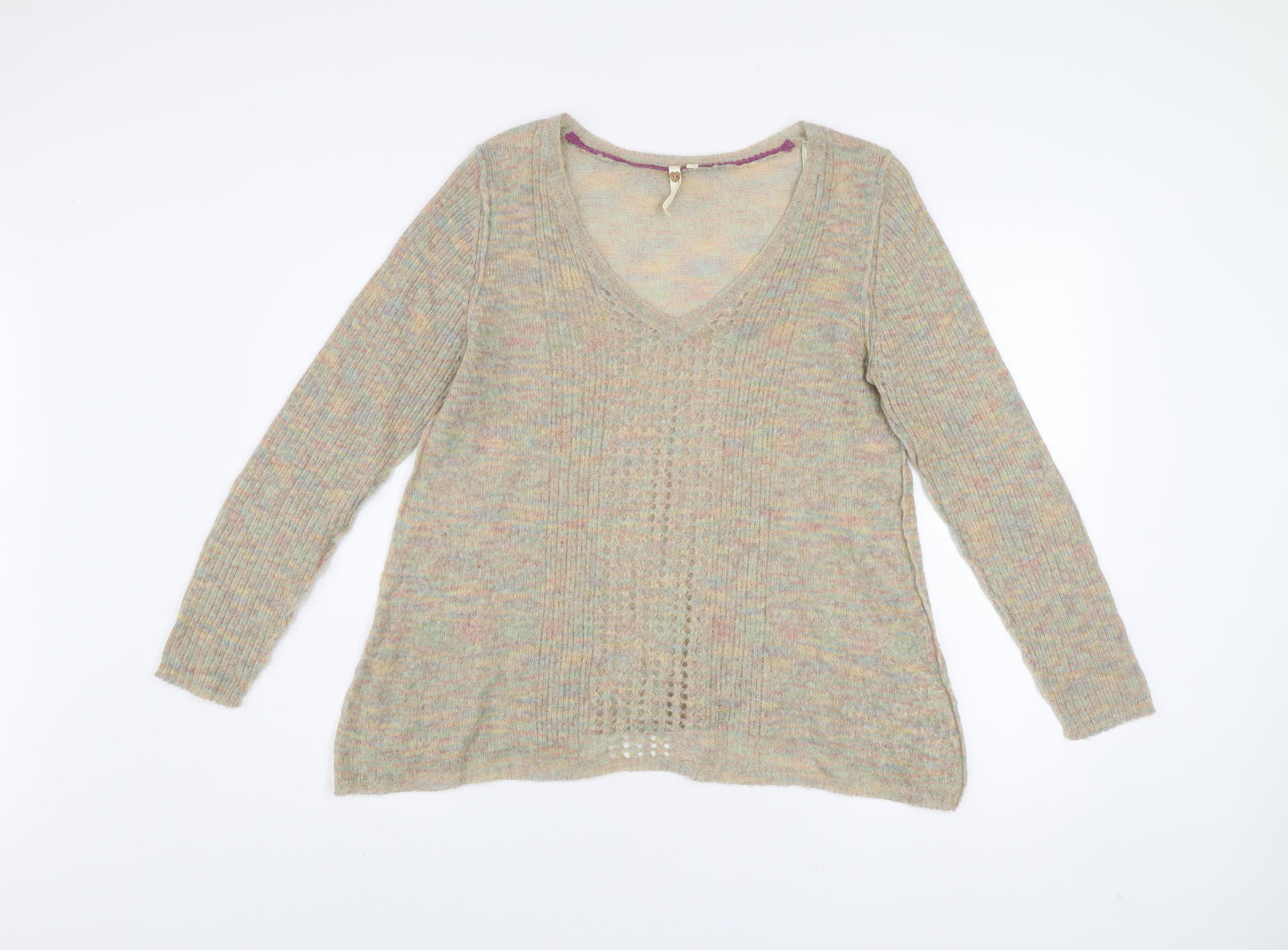 White Stuff Women's Beige V-Neck Long Sleeve Mohair Wool Jumper Size 12