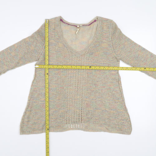 White Stuff Women's Beige V-Neck Long Sleeve Mohair Wool Jumper Size 12