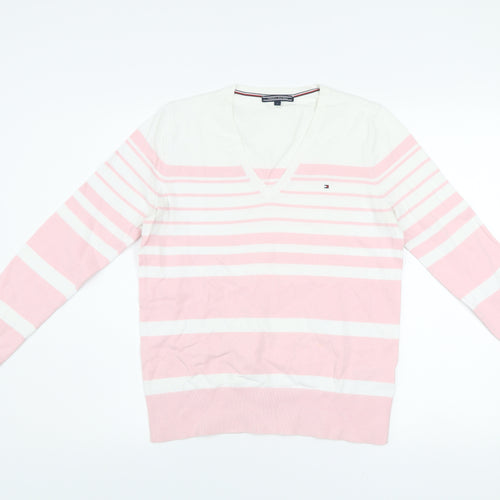 Tommy Hilfiger Men's Pink White Striped V-Neck Cotton Jumper S