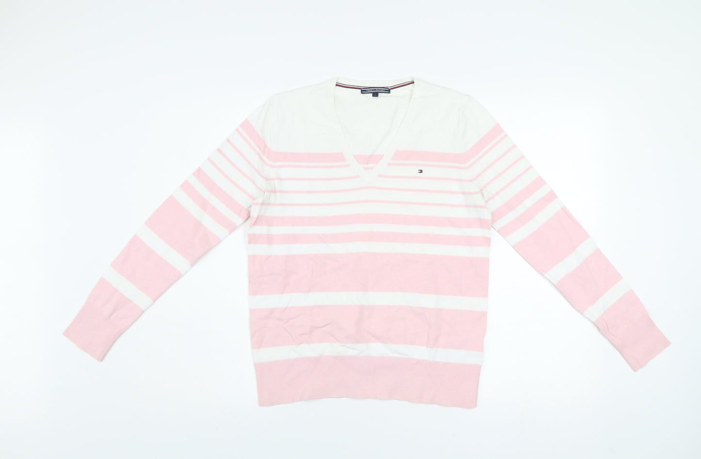 Tommy Hilfiger Men's Pink White Striped V-Neck Cotton Jumper S