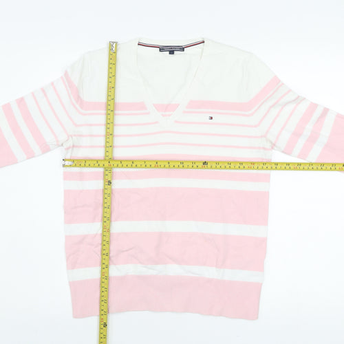 Tommy Hilfiger Men's Pink White Striped V-Neck Cotton Jumper S