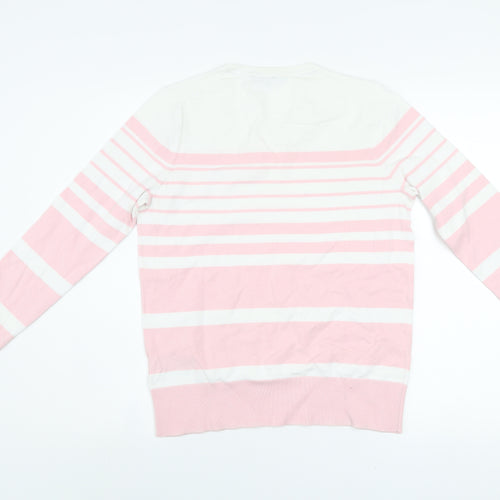 Tommy Hilfiger Men's Pink White Striped V-Neck Cotton Jumper S