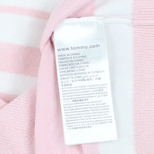 Tommy Hilfiger Men's Pink White Striped V-Neck Cotton Jumper S