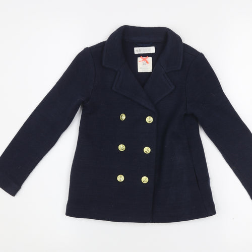 H&M Girls Blue Double-Breasted Pea Coat 4-5 Years Acrylic Knit Jacket