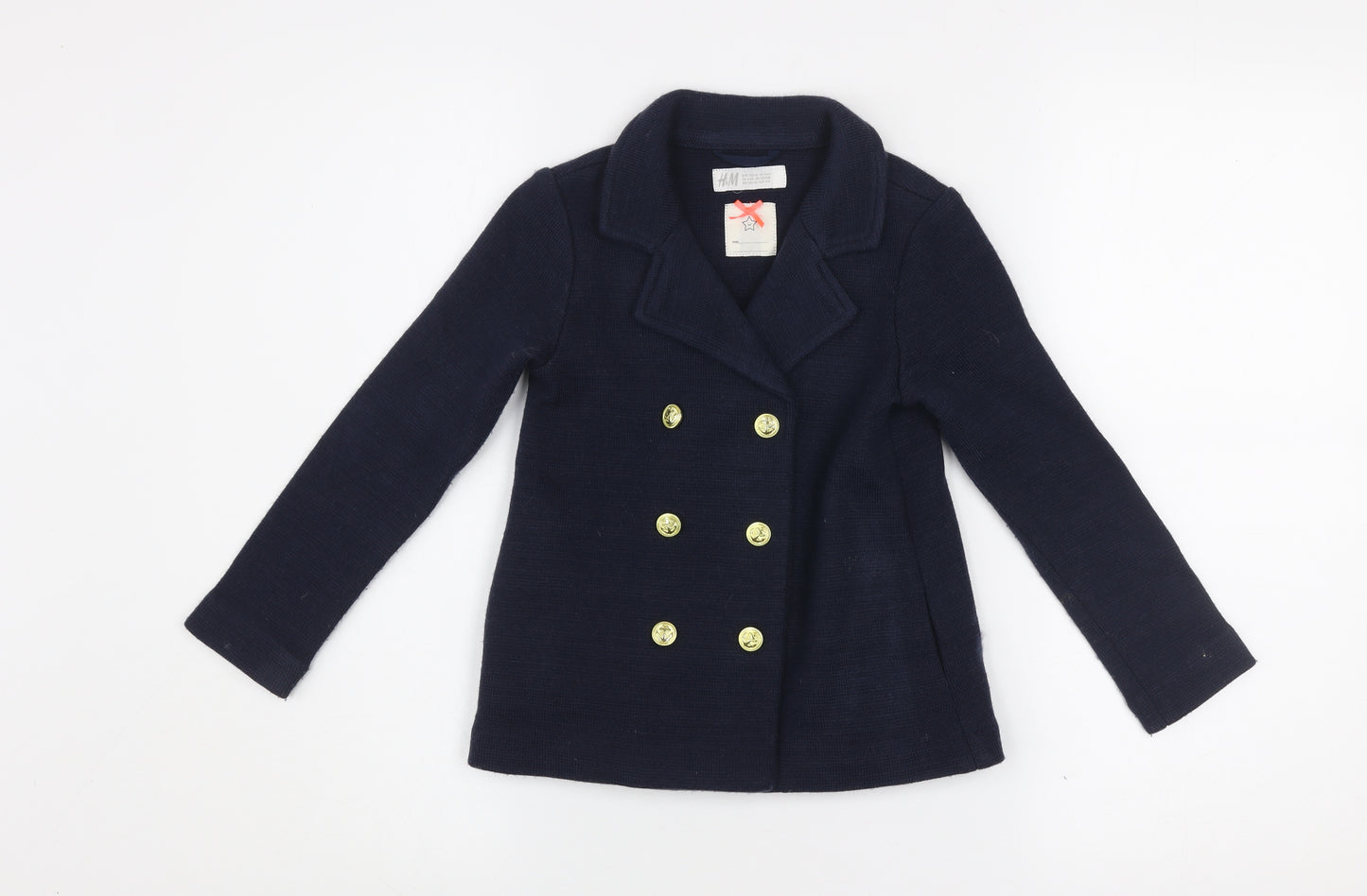H&M Girls Blue Double-Breasted Pea Coat 4-5 Years Acrylic Knit Jacket
