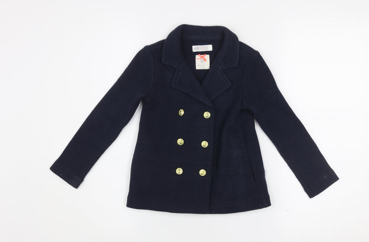 H&M Girls Blue Double-Breasted Pea Coat 4-5 Years Acrylic Knit Jacket