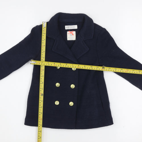 H&M Girls Blue Double-Breasted Pea Coat 4-5 Years Acrylic Knit Jacket