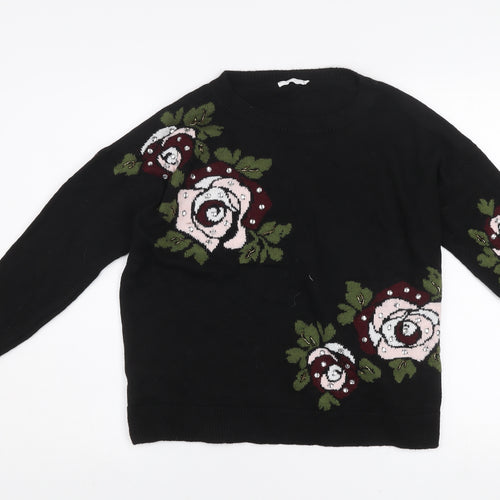 Pepper & Mint Women Black Floral Knit Jumper Size 12 Cotton Blend