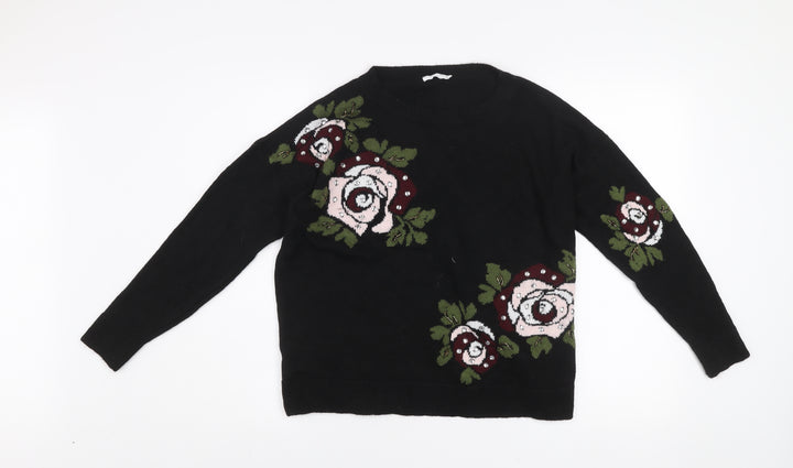 Pepper & Mint Women Black Floral Knit Jumper Size 12 Cotton Blend
