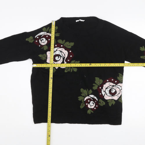 Pepper & Mint Women Black Floral Knit Jumper Size 12 Cotton Blend