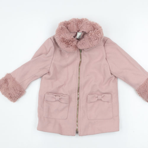 River Island Girls Pink Faux Fur Trim Zip Coat 2-3 Years