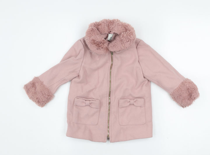 River Island Girls Pink Faux Fur Trim Zip Coat 2-3 Years