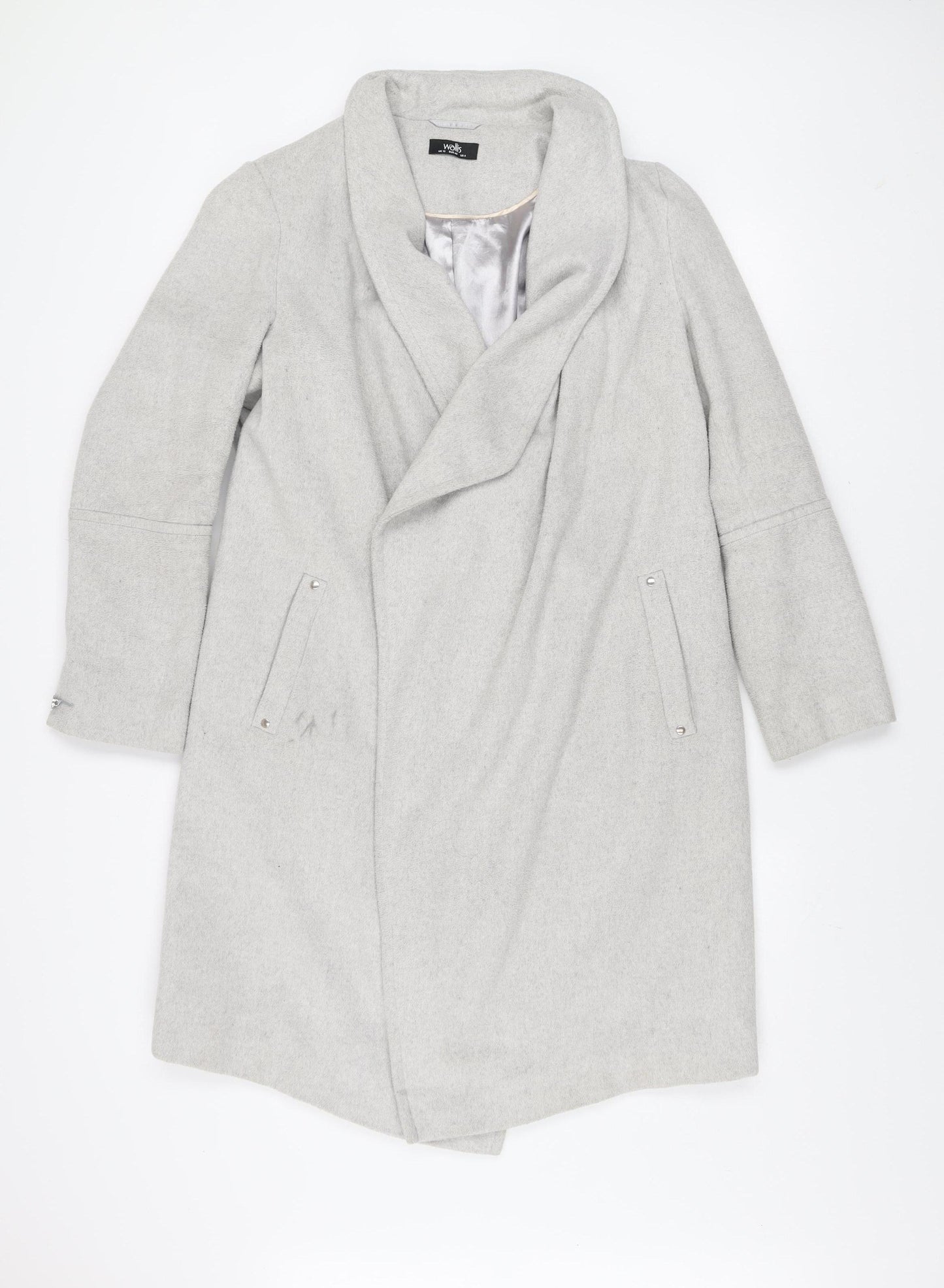 Wallis Women’s Grey Long Overcoat Size 12 Regular Fit Lined Wool Blend