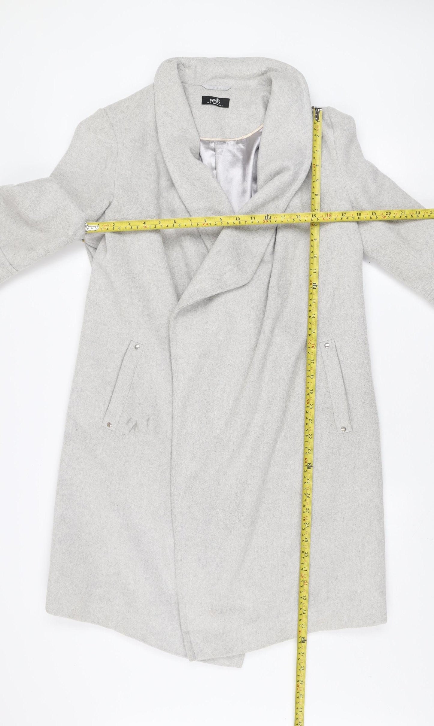 Wallis Women’s Grey Long Overcoat Size 12 Regular Fit Lined Wool Blend