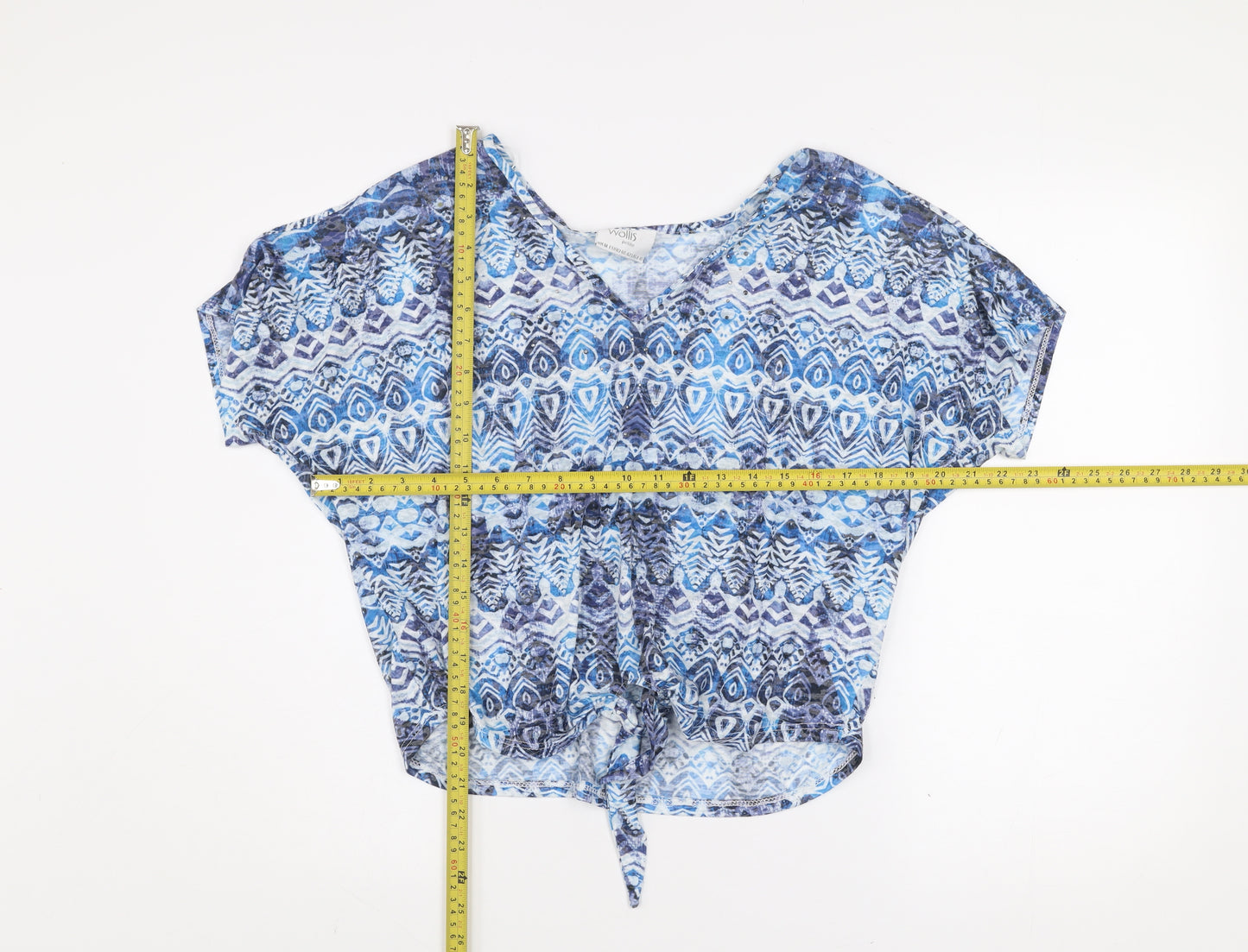 Wallis Women Blue Petite Cropped Bohemian Tie Front Blouse M