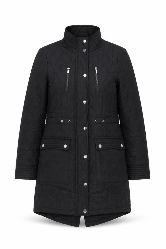 Front view of Tu Women's Black Quilted Long Coat, size 8, Lined Winter Jacket