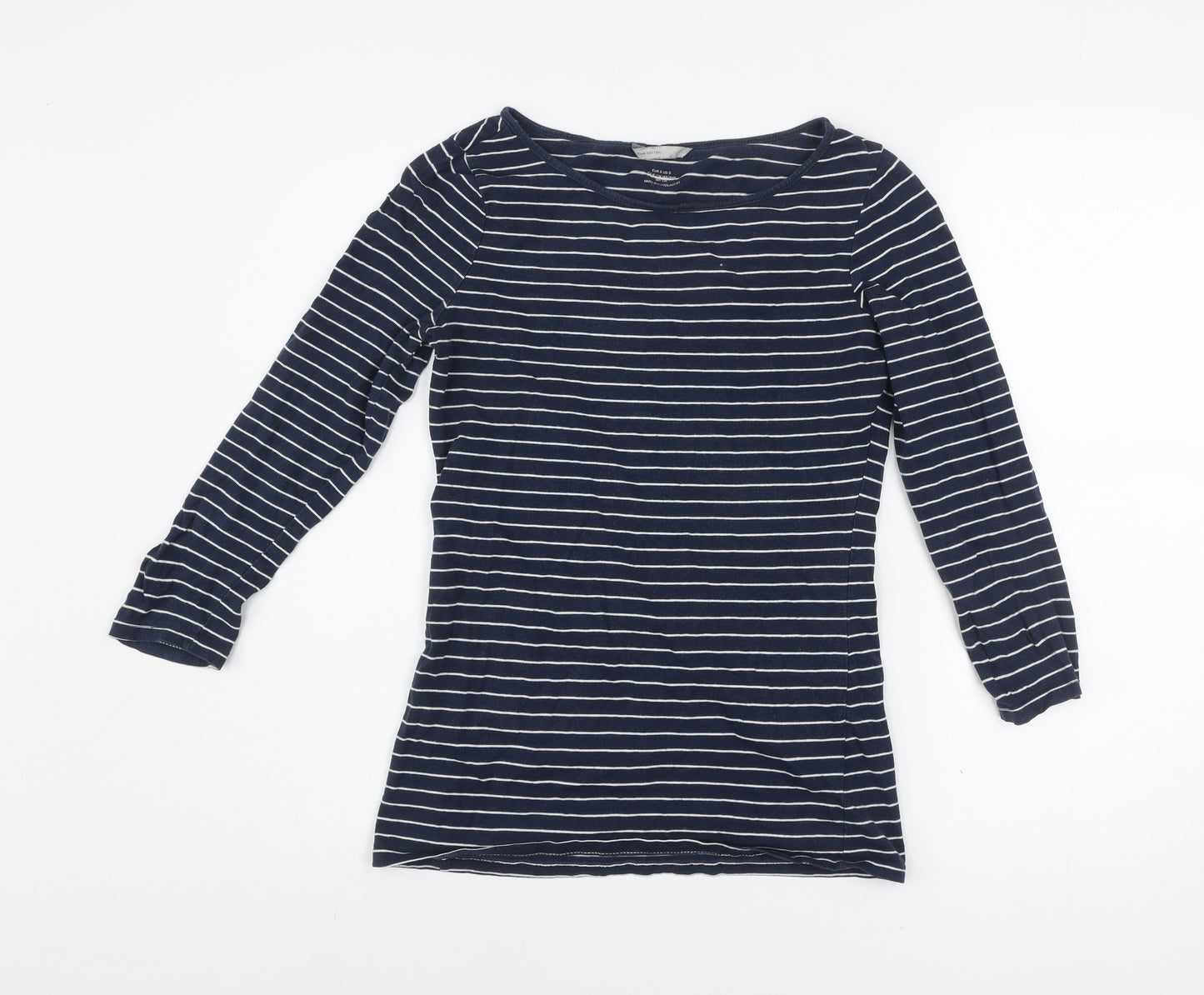 H&M Women's Blue Striped Boat Neck 3/4 Sleeve Cotton T-Shirt Small