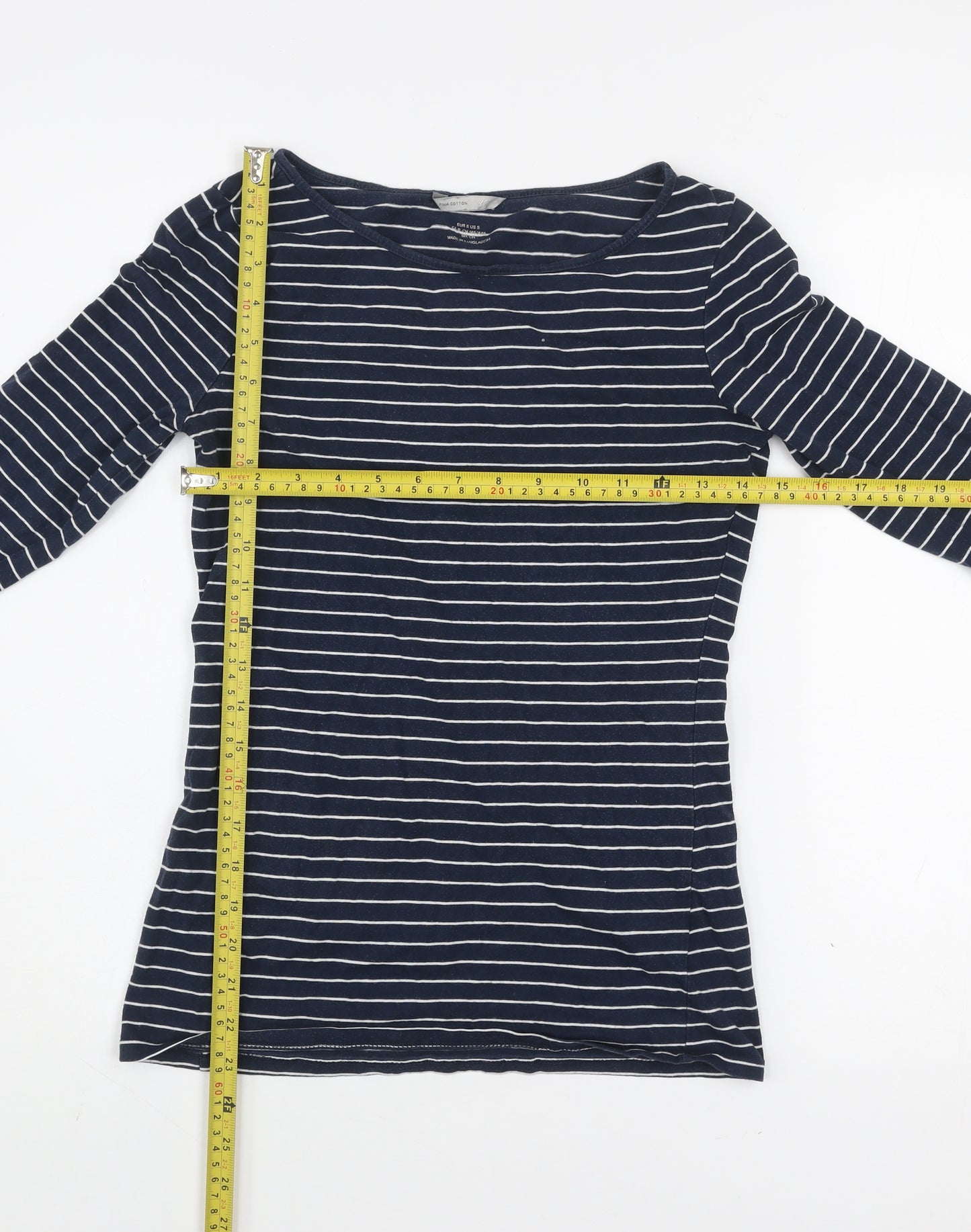 H&M Women's Blue Striped Boat Neck 3/4 Sleeve Cotton T-Shirt Small