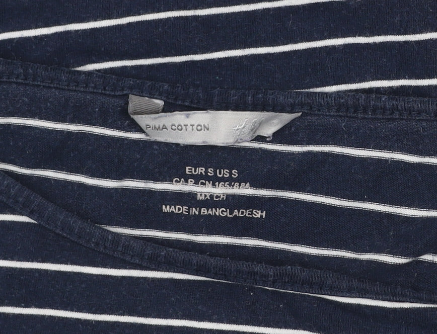 H&M Women's Blue Striped Boat Neck 3/4 Sleeve Cotton T-Shirt Small