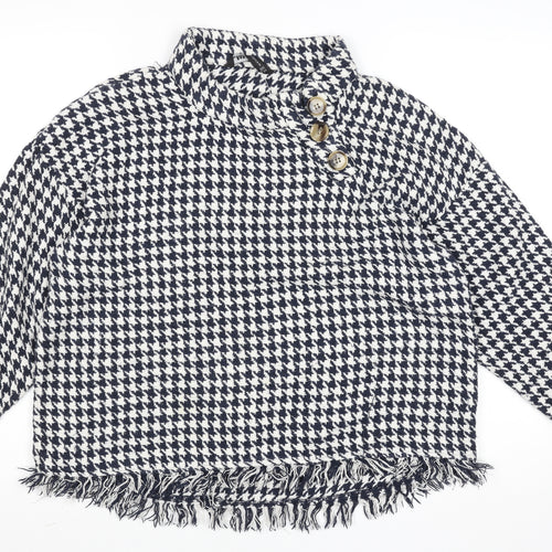Zara Woman Black & White Houndstooth High Neck Long Sleeve Cotton Blouse Size 16