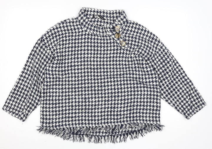Zara Woman Black & White Houndstooth High Neck Long Sleeve Cotton Blouse Size 16