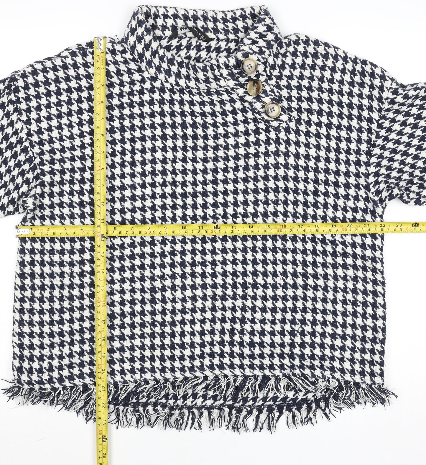 Zara Woman Black & White Houndstooth High Neck Long Sleeve Cotton Blouse Size 16