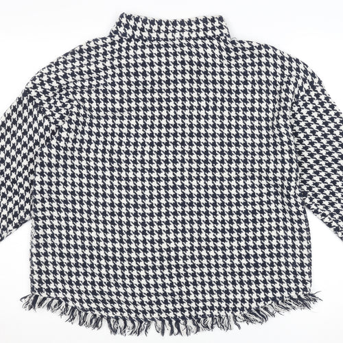 Zara Woman Black & White Houndstooth High Neck Long Sleeve Cotton Blouse Size 16