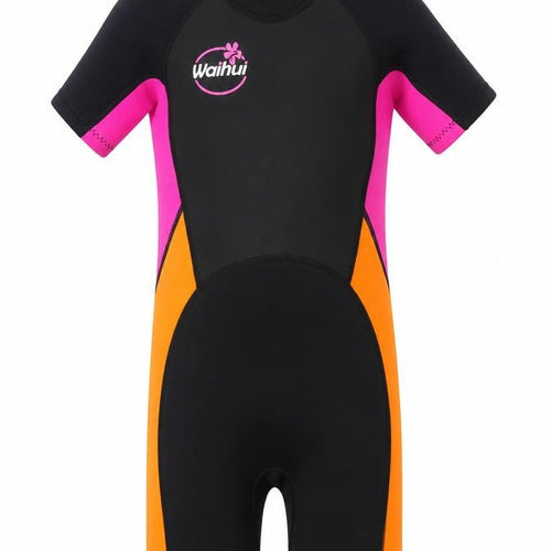 Waihui Girls Black Pink Orange Shorty Wetsuit 7 Years Quick Dry Stretch Swimwear