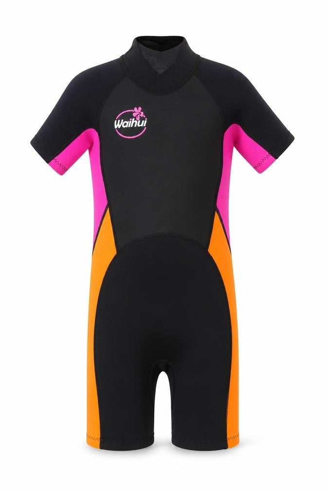 Front view of Waihui girls’ black pink orange shorty wetsuit 7 years quick dry stretch swimwear