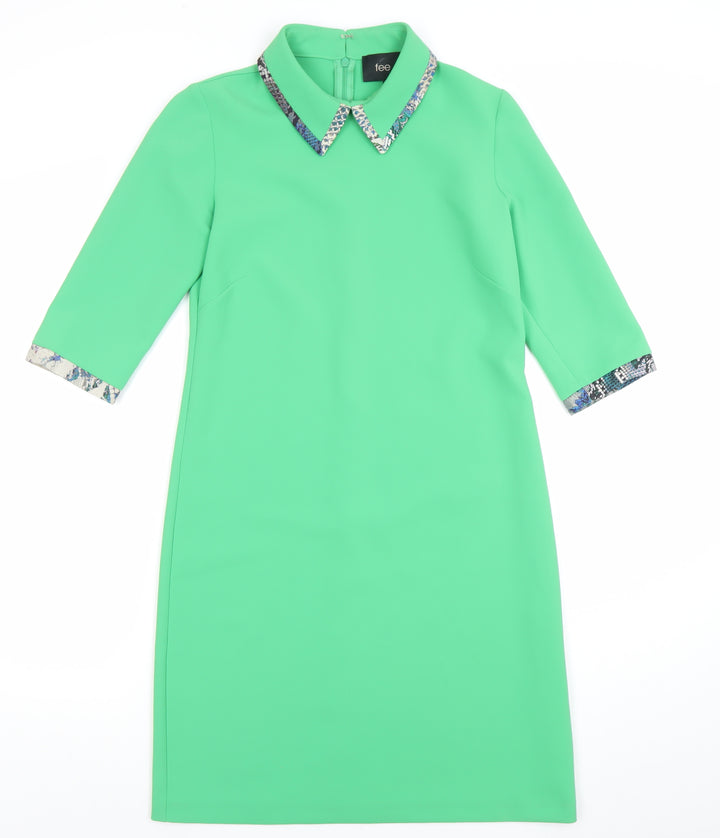 Fee G Women’s Green Collared Shift Dress Size 8 with 3/4 Sleeves