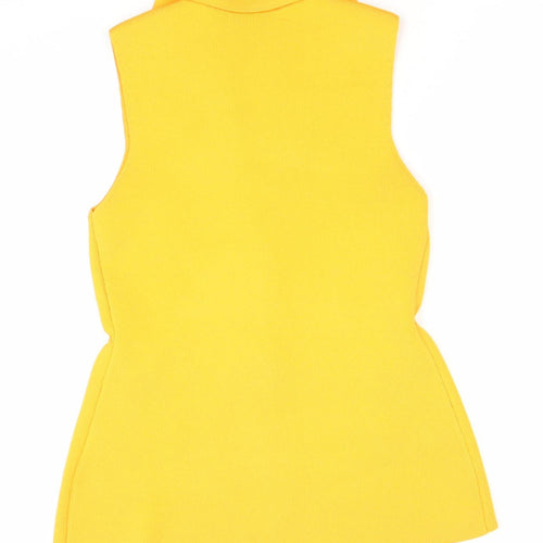 Zara Women Yellow Sleeveless Knit Shift Dress S Collared Button Detail