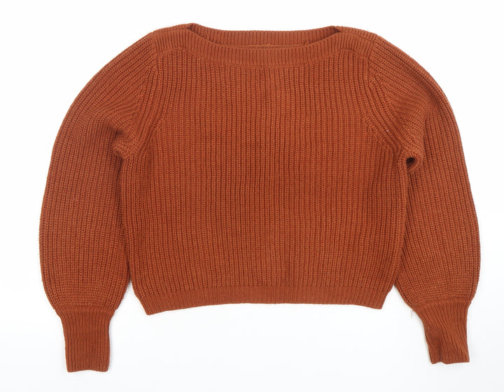 ONLY Women’s Brown Chunky-Knit Boat Neck Jumper Size S