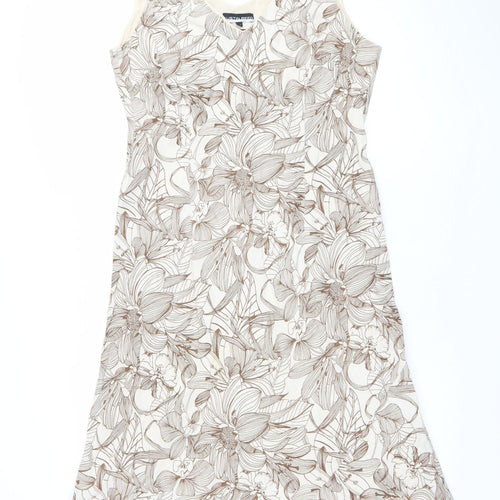 Austin Reed Women Beige Floral Linen Shift Dress Size 14 V-Neck Sleeveless