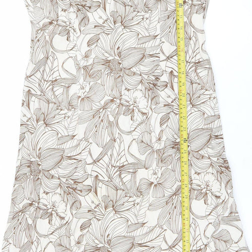 Austin Reed Women Beige Floral Linen Shift Dress Size 14 V-Neck Sleeveless