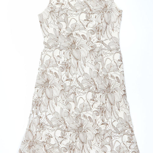 Austin Reed Women Beige Floral Linen Shift Dress Size 14 V-Neck Sleeveless